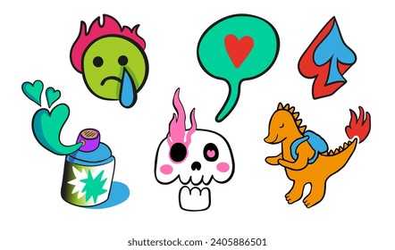 set of doodle elements in vector.teenage subcultural objects.image for stickers, print, app, design, web site, label, poster, postcard . Series of teenage icons