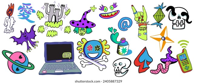 set of doodle elements in vector.teenage subcultural objects.image for stickers, print, app, design, web site, label, poster, postcard . Series of teenage icons