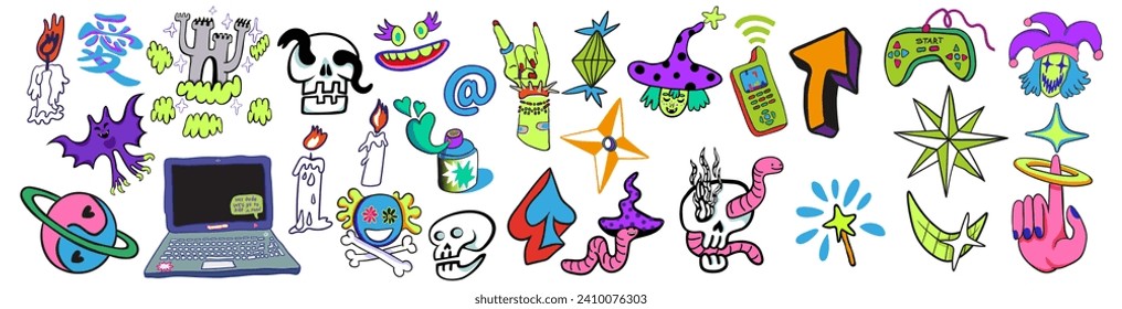 set of doodle elements in vector.teenage subcultural objects.image for stickers, print, app, design, web site, label, poster, postcard . Series of teenage icons