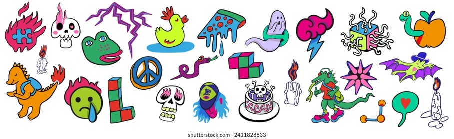 set of doodle elements in vector.teenage subcultural objects.image for stickers, print, app, design, web site, label, poster, postcard . Series of teenage icons