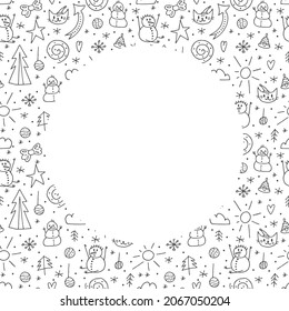 A set of doodle elements. Winter 2022. Frame of a hand-drawn winter objects.