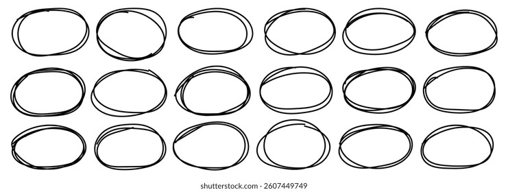 Set of doodle ellipses. Circle frame set. Scribble ovals, bubbles to circle and highlight text. Art design round circular scribble doodle. Rounds scribble line circles. Vector illustrator