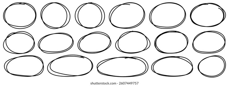 Set of doodle ellipses. Circle frame set. Scribble ovals, bubbles to circle and highlight text. Art design round circular scribble doodle. Rounds scribble line circles. Vector illustrator