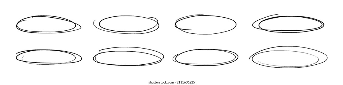 Set of doodle ellipses. Scribble ovals, bubbles to circle and highlight text. Handwriting horizontal ellipses isolated on white background. - Shutterstock ID 2111636225