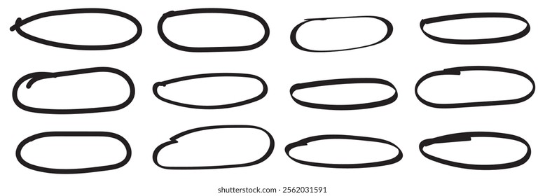 Set of doodle ellipses. Scribble ovals, bubbles to circle and highlight text. Handwriting horizontal ellipses isolated on white background.