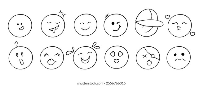 Set of Doodle Emoji Face Icons depicting various emotions including admiration, sadness, anger, and love.