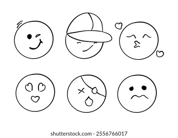 Set of Doodle Emoji Face Icons depicting various emotions including admiration, sadness, anger, and love.