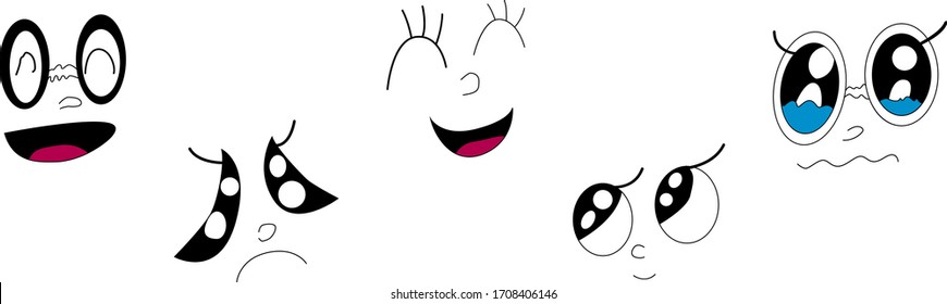 Set of doodle emotions. Different mood. Big eyes with white highlights. Hand drawing. Children's illustration.