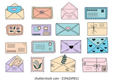 Set of doodle envelopes, postage stamps, postcards. Hand drawn vector illustration.