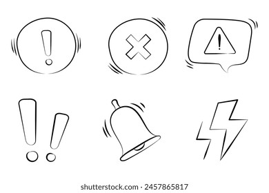 Conjunto de signo de exclamación Doodle, icono de alerta de peligro. Dibujado a mano boceto información de peligro. Ilustración vectorial.