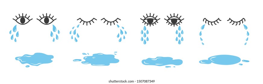 Set of doodle eyes crying with tear drops and puddles. Cartoon weeping emoji collection.