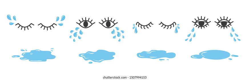 Set of doodle eyes crying with tear drops and puddles. Cartoon weeping emoji collection.