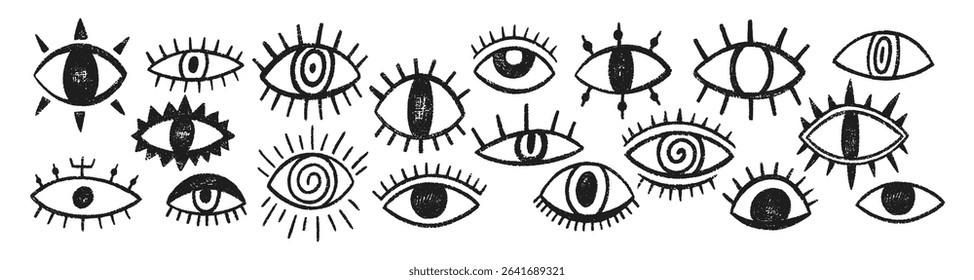 Conjunto de olhos de doodle em design esotérico ou tatuagem com textura de giz de cera, pastel ou giz. Olhos malignos ou místicos. Ilustração de vetor preto isolada em um fundo branco.