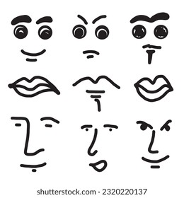 Set of doodle eyes, face and mouth. Vector black and white icons. 