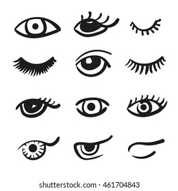 Set of doodle eyes and lashes. Vector black and white icons. 