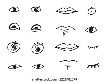 Set of doodle eyes and mouth. Vector black and white icons. 