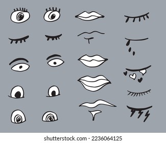 Set of doodle eyes and mouth. Vector black and white icons. 