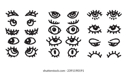 set of doodle eyes on a white background, illustration drawn in pencil.