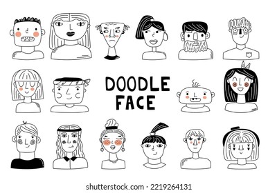 Establece Caras de Doodle. avatares de Doodle en blanco y negro. Ilustración del dibujo de la mano del vector