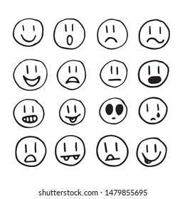 Set of doodle faces different moods. Hand drawn emoji 