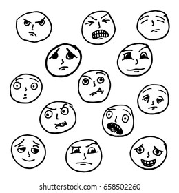 Set doodle faces. The facial expressions, eyes and mouth concept for design. From the hand drawn cartoon emotions. Vector illustration
