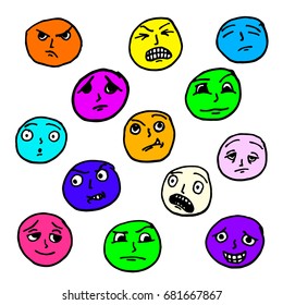 Set doodle faces. The facial expressions, eyes and mouth concept for design. From the hand drawn cartoon emotions. Vector illustration