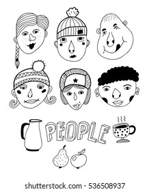 Set of doodle faces. Hand drawing vector illustration.