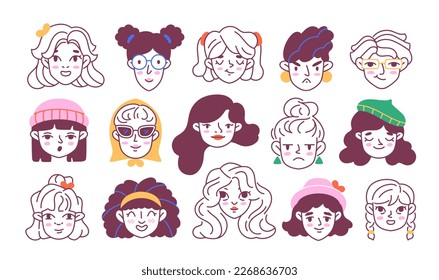Set of doodle faces. Stylish linear avatars for social networks with cute girls and women with different hairstyles and accessories. Fashion portraits. Cartoon flat vector collection isolated on white
