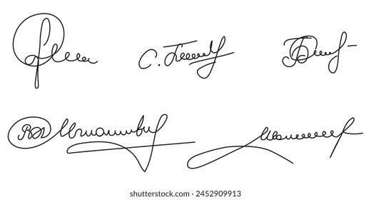 Set of Doodle Fake Autograph. Hand drawn Signature collection isolated white background. Elegance Signature kit. Vector illustration can used template for business contract Design. Editable stroke