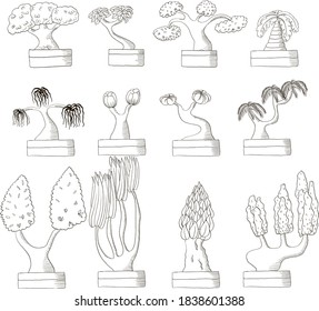 Set of doodle fantasy bonsai, vector illustration