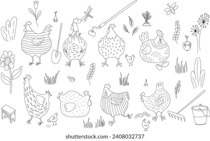 Set of doodle farm animals. Hand drawn chicken, rooster, flower, butterfly, horticulture.
