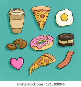 Set of doodle fast food with pizza, bacon, donut and coffee