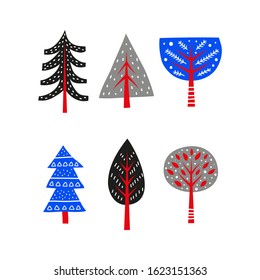 Set of doodle fir, pine, forest trees in Scandinavian minimalist style isolated on white background.