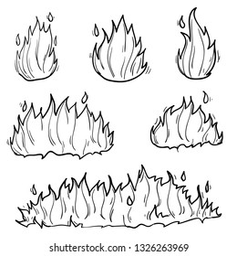 Set of doodle fire elements of different shapes on a white background.
