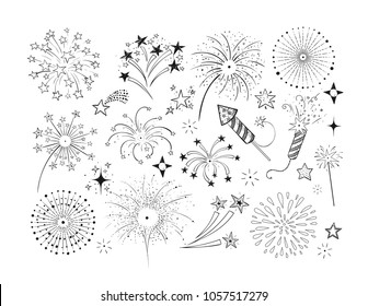 Set of doodle firework and fireckrackers on white background