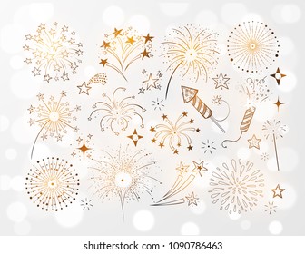 Set of doodle firework and fireckrackers on white glowing background