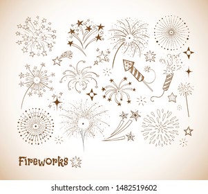 Set of doodle firework and fireckrackers in vintage style.