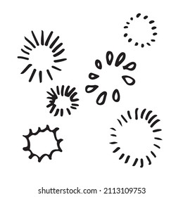 conjunto de fuegos artificiales de doodle aislados en la mano de fondo blanca extraída de fuegos artificiales.elementos de diseño. ilustración vectorial.