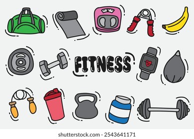 set of doodle fitness with color good for icons, background, wallpaper, symbol, element design, etc