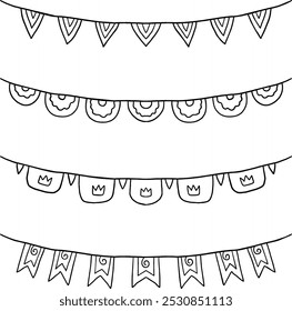 Un conjunto de banderas y cintas de doodle. Decoraciones festivas con banderas. Un boceto de la decoración