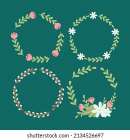 Set of doodle flat clipart delicate spring wreath of flowers and branches