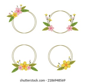 Set of doodle flat clipart delicate spring wreath of flowers and branches