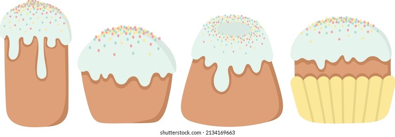 Set of doodle flat clipart sweet easter cake