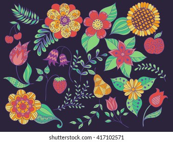 set doodle floral , colorful leaves, fruits, twigs, flower. Color design elements. colorful floral doodle. vector, leaves, sunflowers, cherry, strawberry, tulip, pear, stems, Bluebell, campanula. 