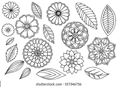 Set of doodle floral elements for design or coloring