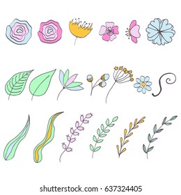 Set of doodle floral elements: flowers, leaves, berries. Vector illustration.