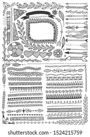set of doodle floral hand drawn border and frame, page divider and arrows, vector illustration collection