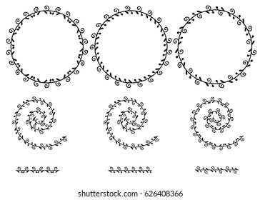 Set of doodle floral and leaf circle frames.illustration vector