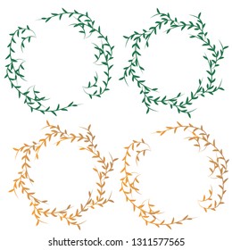 Set of doodle floral, line and leaf circle frames, Hand drawn floral wreath isolated on white background, leaves round border with green and gold color