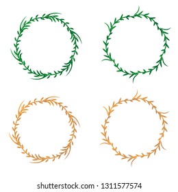Set of doodle floral, line and leaf circle frames, Hand drawn floral wreath isolated on white background, leaves round border with green and gold color